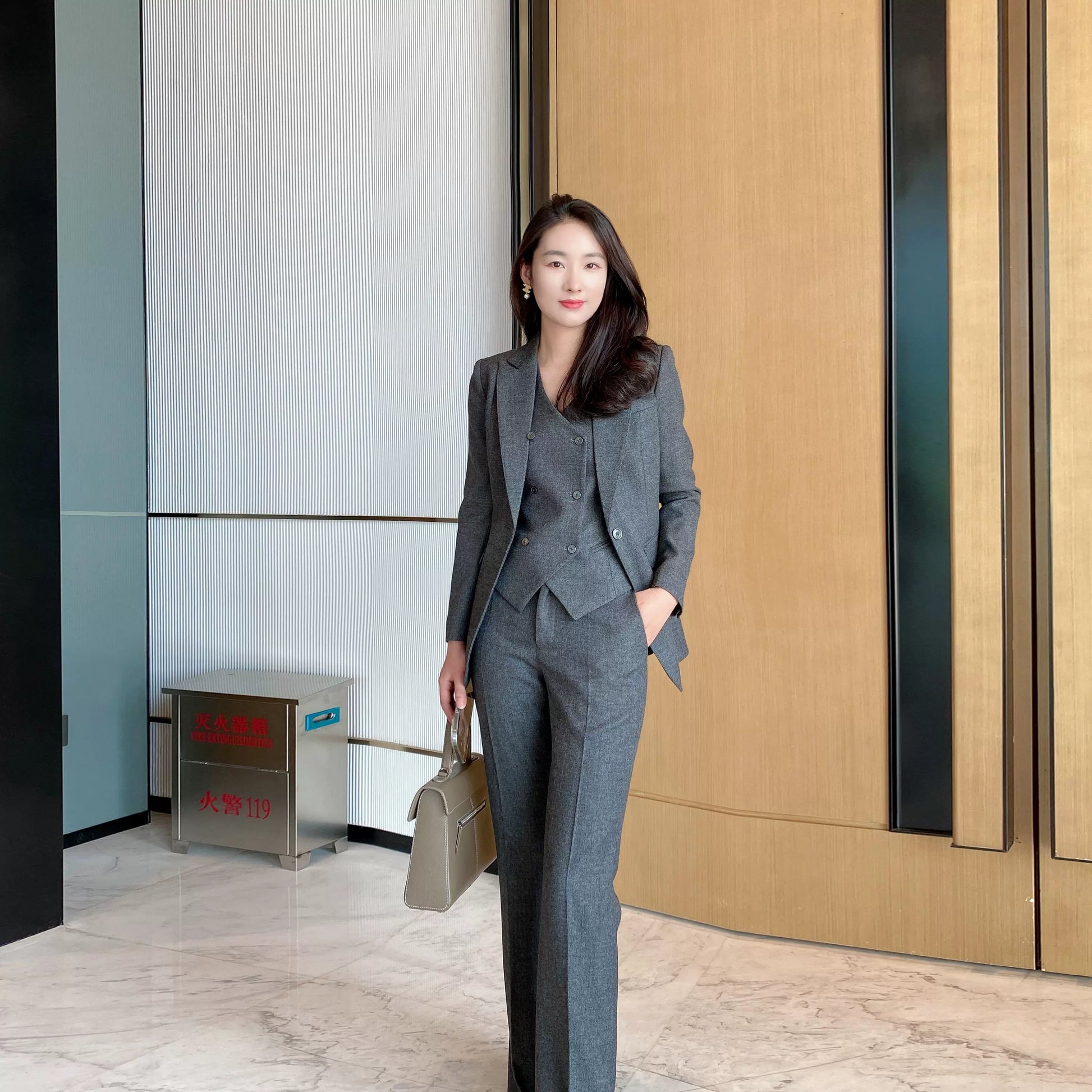 Women's Winter Grey 3‑Piece Classic Suit Set with Thick Jacket