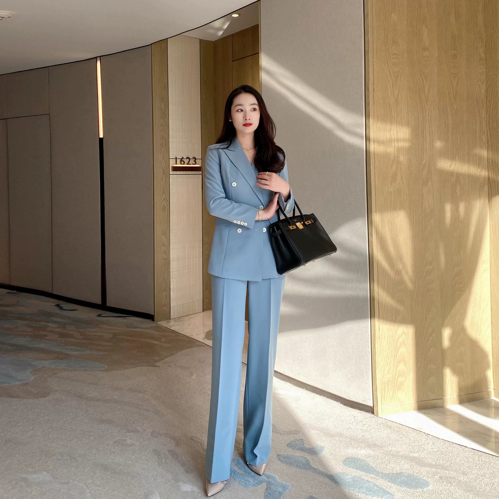 Lake Blue Women's Double‑Breasted Suit Set with Loose Straight Trousers