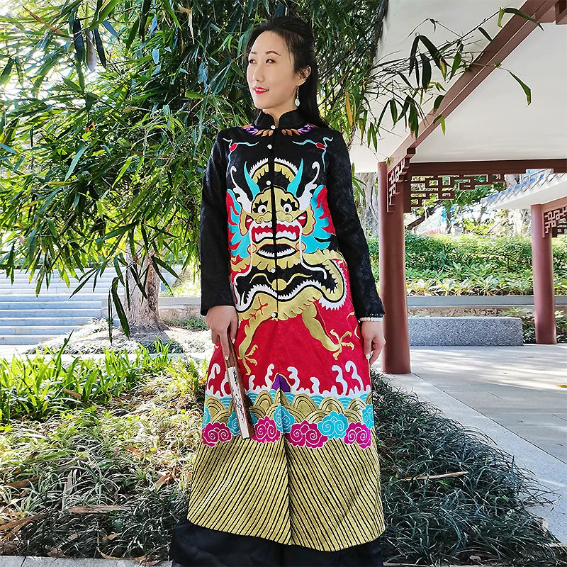 Women's Plus Size Trench Coat Black Hand‑Embroidered Dragon Robe
