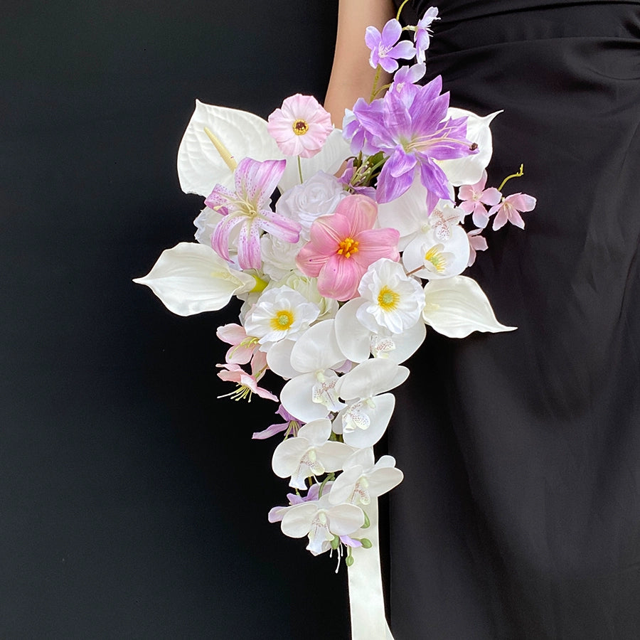 Light Pink Purple Hand-Held Phalaenopsis Waterfall Drop-Shaped Wedding Bouquet