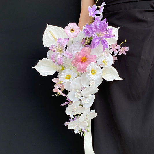 Light Pink Purple Hand-Held Phalaenopsis Waterfall Drop-Shaped Wedding Bouquet