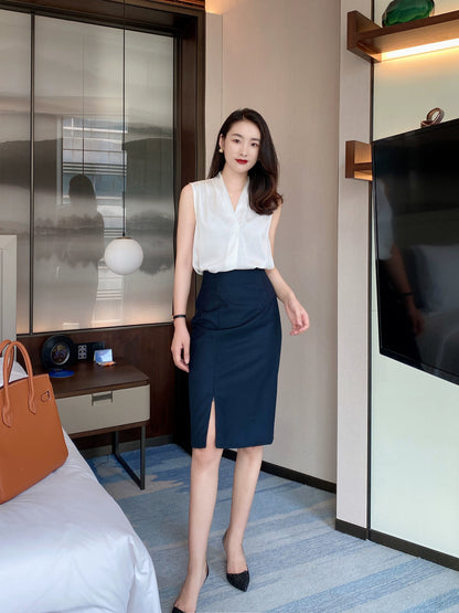 Autumn white sleeveless V-neck vest top for women