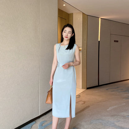 Summer Blue Elegant Sleeveless Dress High-Waist Mid-Length Skirt