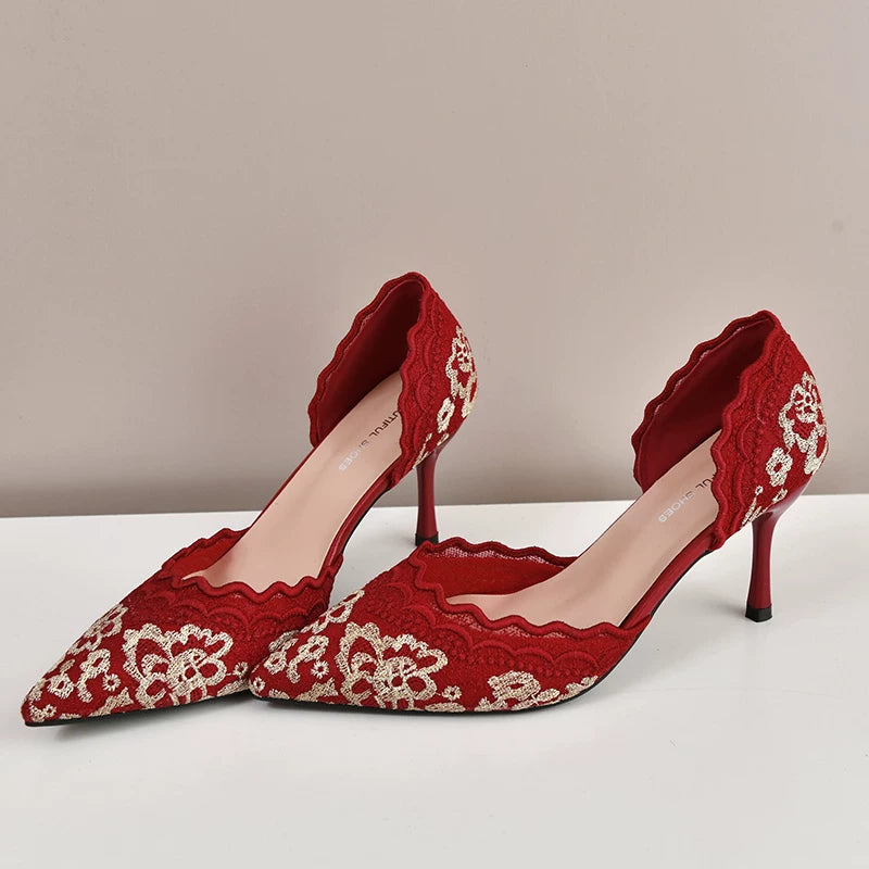 Red Embroidered High Heels for Women 2025 Dual-Wear Bridal Shoes