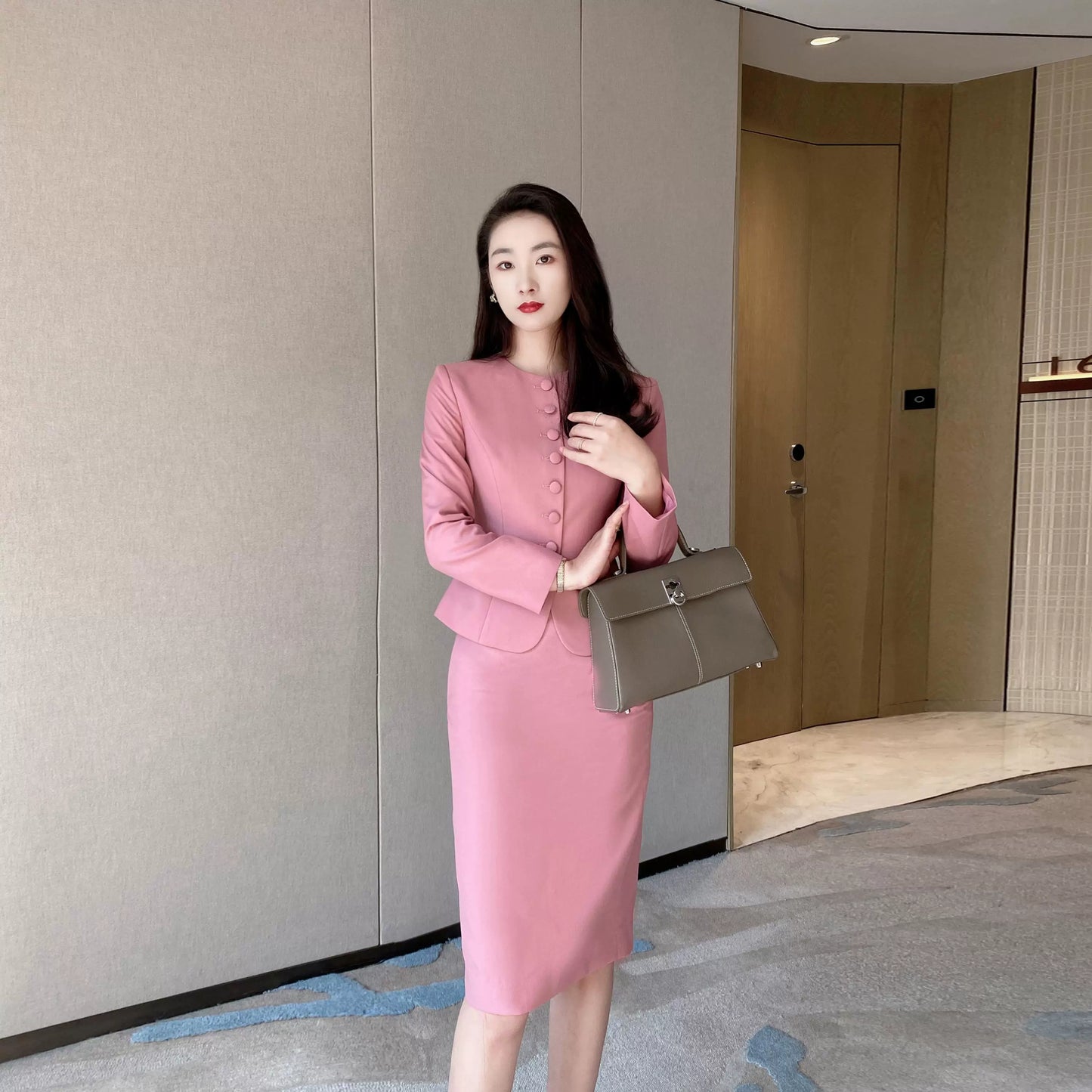 Elegant Rose Pink Suit Skirt Set: Chic Blazer & Slimming Hip Skirt