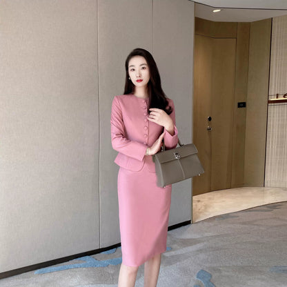 Elegant Rose Pink Suit Skirt Set: Chic Blazer & Slimming Hip Skirt