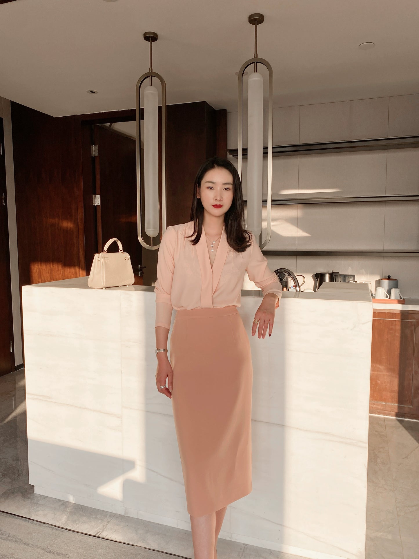 Spring Fuchsia Long-Sleeve V-Neck Loose Fit Elegant Women's Shirt