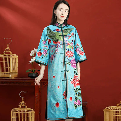 Custom Chinese‑Style Qipao Dress Hand‑Embroidered Blue Long Plus‑Size