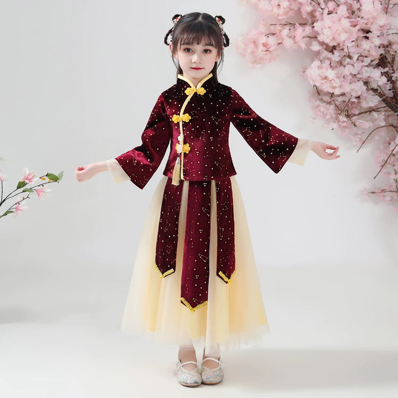 Elegant Girls' Chinese Hanfu Dress Autumn Spring Cheongsam Traditional Performance Outfit
