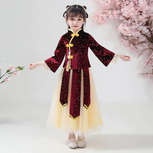 Elegant Girls' Chinese Hanfu Dress Autumn Spring Cheongsam Traditional Performance Outfit