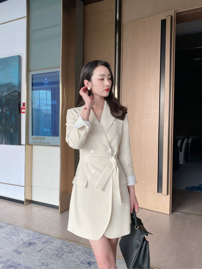 Elegant Oat-Colored Korean Autumn Suit Dress for Women