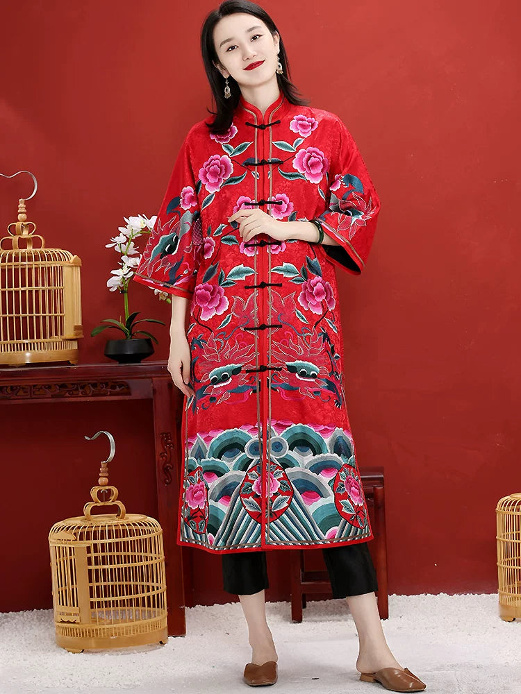 Modern Chinese Style Dress with Hand‑Embroidered Frog Closure, Red
