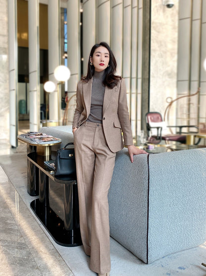 Winter Woolen Oat Coffee Women's Suit Set Loose Pants