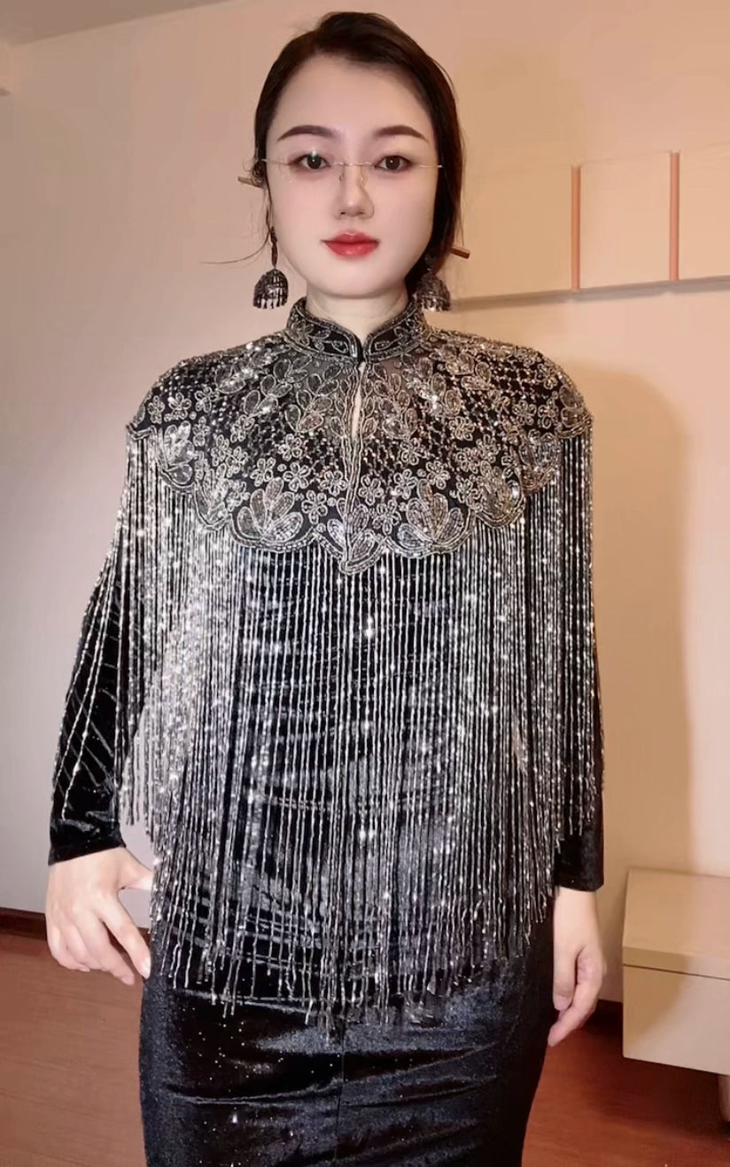 Handcrafted Indian Cheongsam Cloak with Tassels and Beads