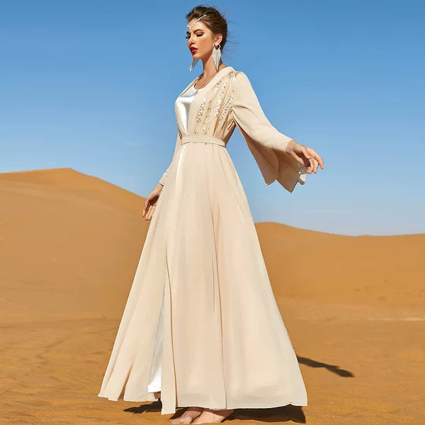 Elegant Autumn Beige Long Shiffon A-Line Dress with Lace Detail