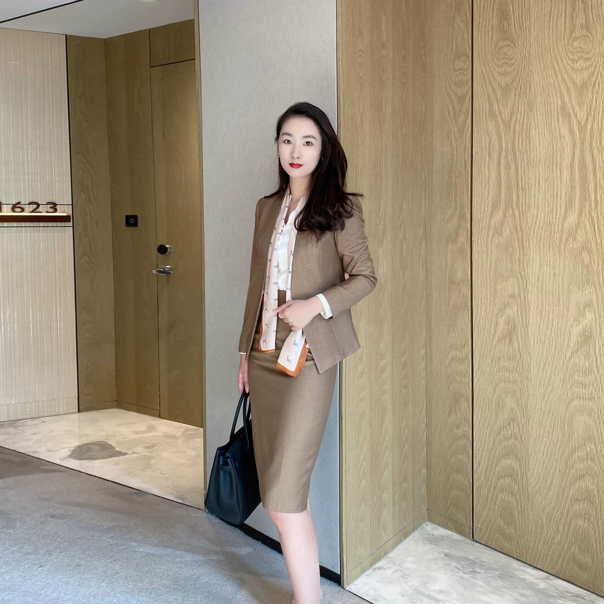 Elegant Autumn Coffee-Colored Classic Women's Suit with Fitted Skirt