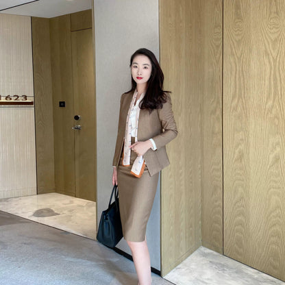 Elegant Autumn Coffee-Colored Classic Women's Suit with Fitted Skirt