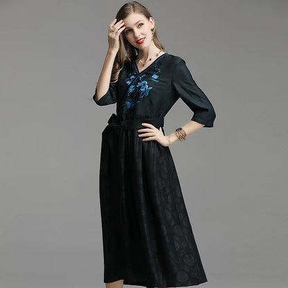 Silk Xiangyun Sa Embroidered Vintage Chinese Dress Black XL