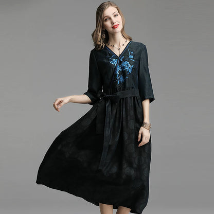 Silk Xiangyun Sa Embroidered Vintage Chinese Dress Black XL