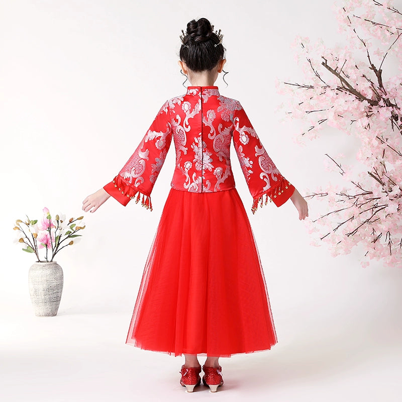 Elegant Chinese Style Girls' Hanfu Dress Set: Long-Sleeve Cheongsam Skirt for Teenagers