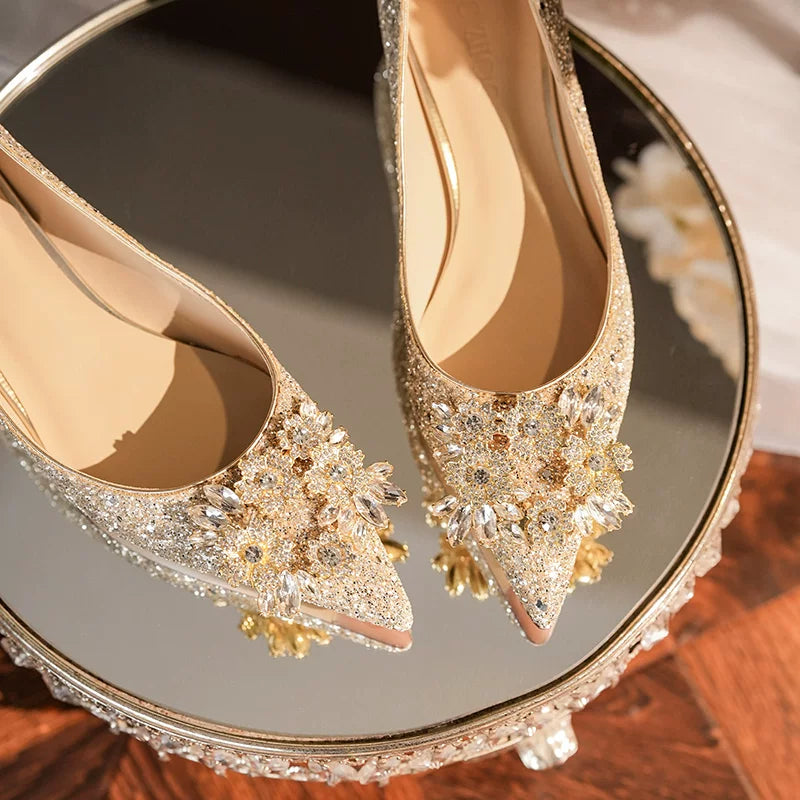 Elegant Bridal Flat Shoes with Crystal Detail, Low Heel, Convertible