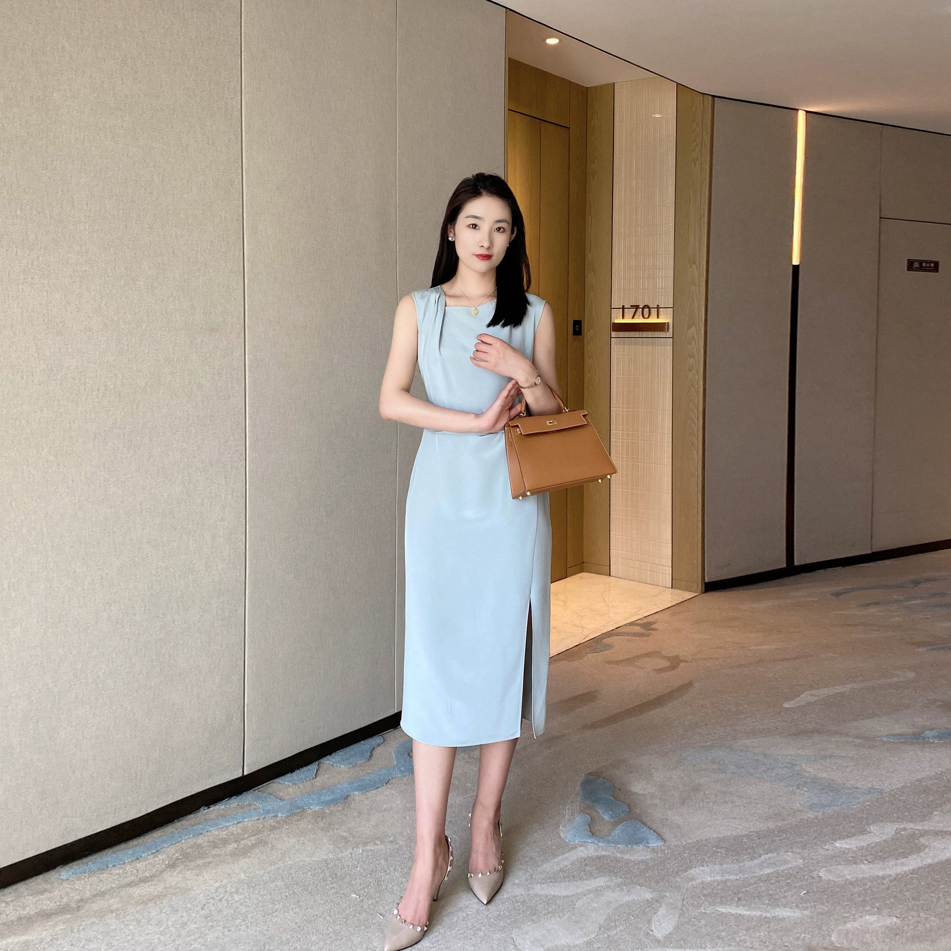 Summer Blue Elegant Sleeveless Dress High-Waist Mid-Length Skirt