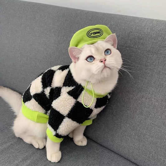 Black White Chessboard Velvet Cat Sweater for Handsome Winter Cats