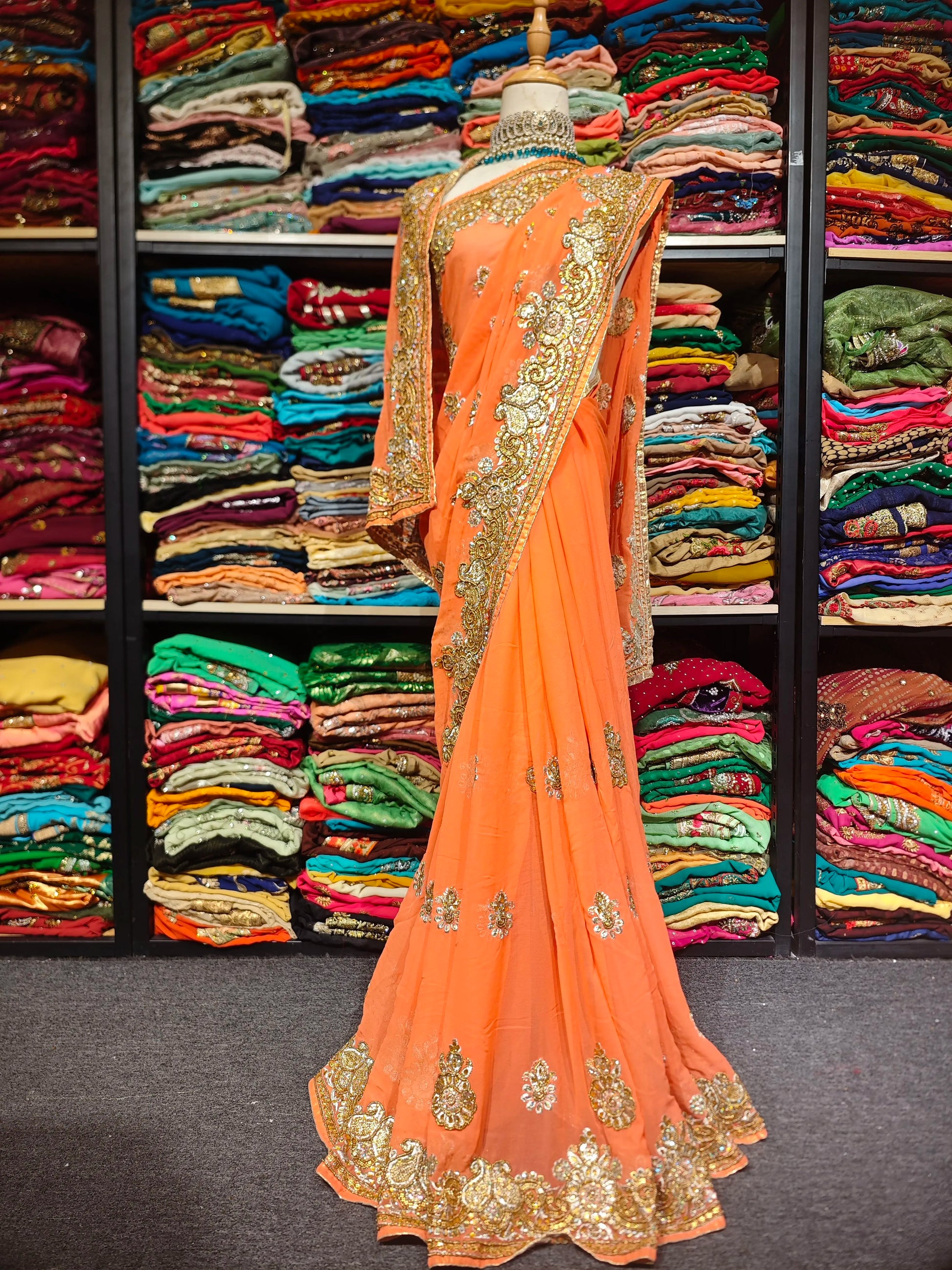 Hand-Embroidered Beaded Orange Saree
