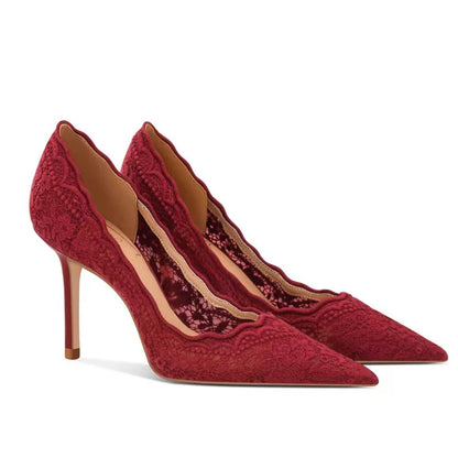 Elegant Lace Mesh Stiletto Heels, Spring Classic, 8cm Red