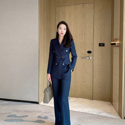 Elegant Navy Blue Slim-Fit Suit with Flared Trousers