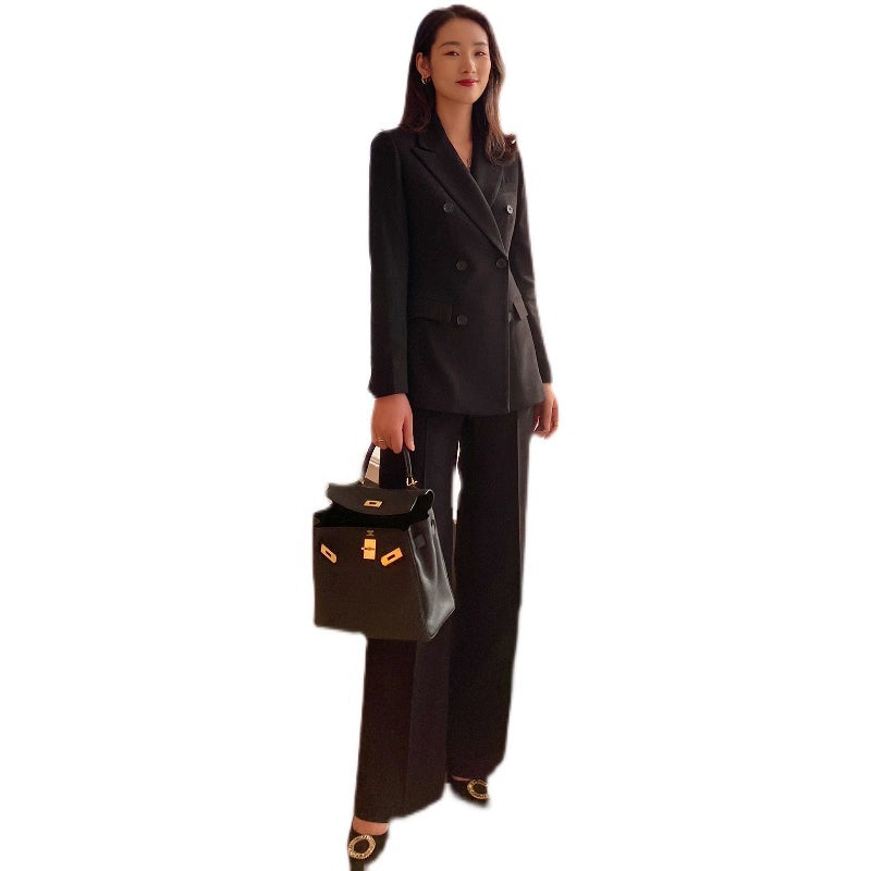 Women's Demi-Season Woolen Suit Jacket & Trousers Set Classic Black