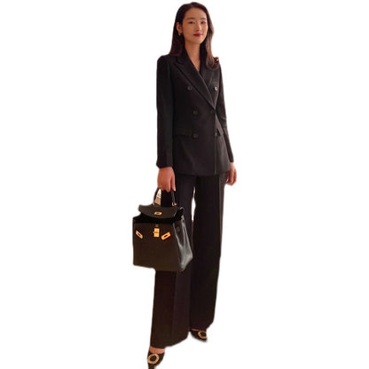 Women's Demi-Season Woolen Suit Jacket & Trousers Set Classic Black