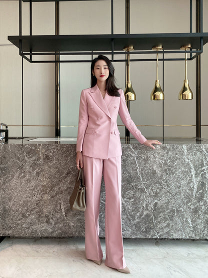 Fuchsia Classic Double-Breasted Suit with High-Waist Wide-Leg Trousers