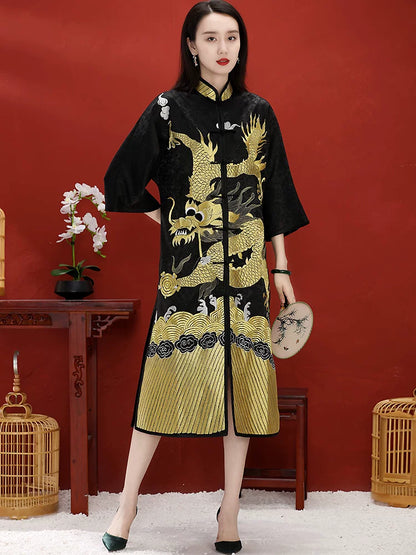 Mid-Length Women's Chinese-Style Coat Hand-Embroidered Gold Dragon Black