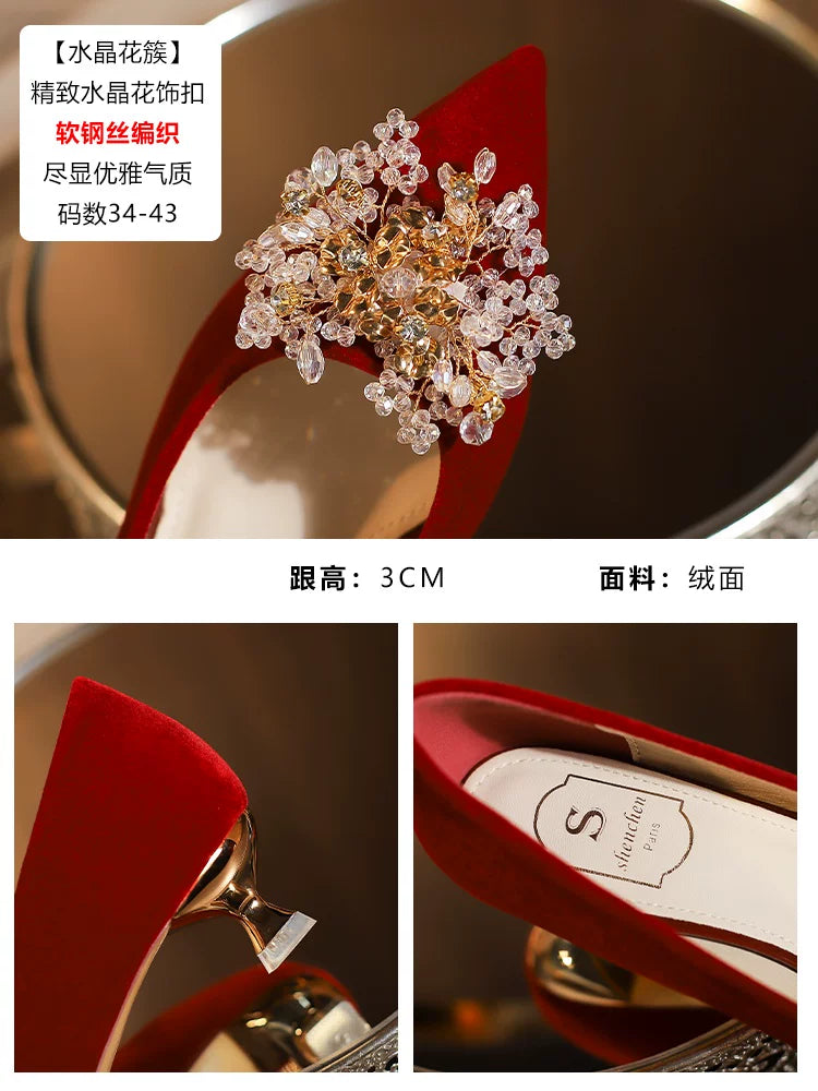 Red Low Heel Wedding Shoes for Brides, Comfortable 3cm