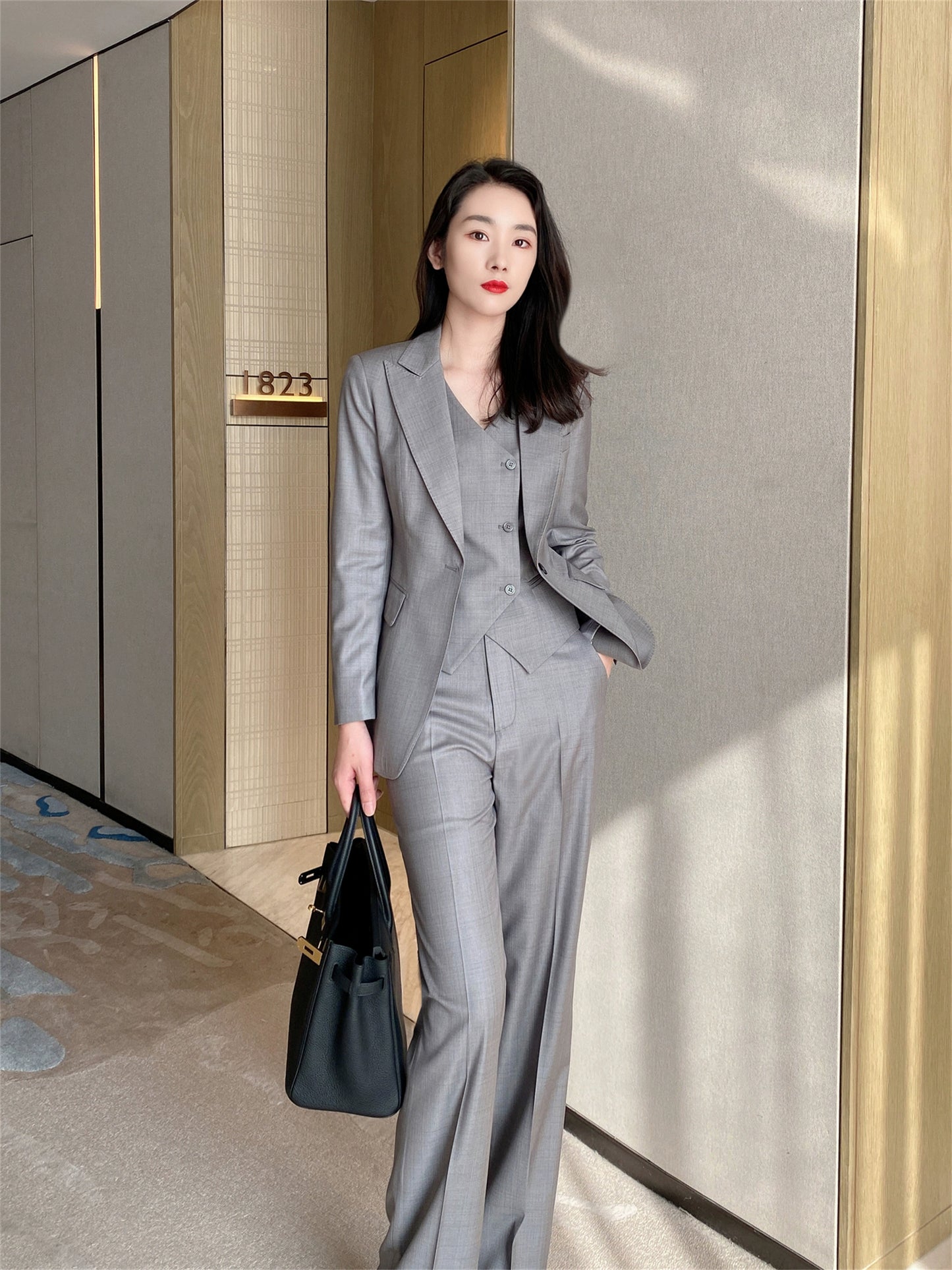 Light Grey Wool Blend Women's Suit Vest & Trousers