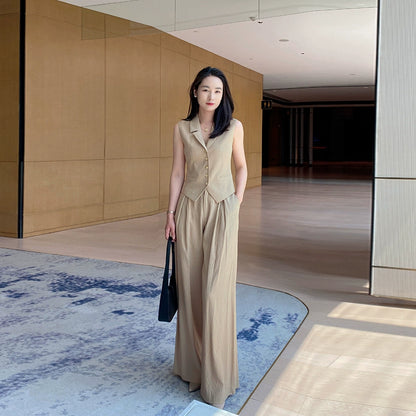 Khaki Summer Slim Vest & Wide-Leg Trousers Set for Women