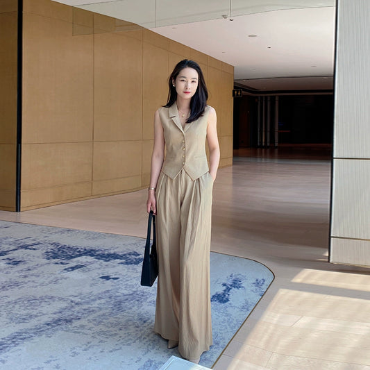 Khaki Summer Slim Vest & Wide-Leg Trousers Set for Women