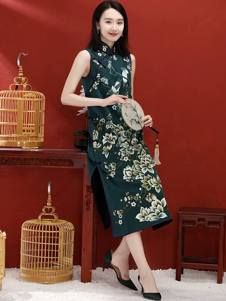 Modern Chinese Long Dress with Jade Orchid Embroidered Mandarin Collar