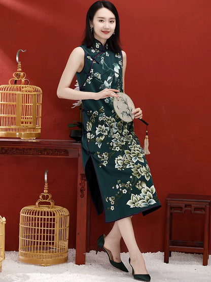 Modern Chinese Long Dress with Jade Orchid Embroidered Mandarin Collar