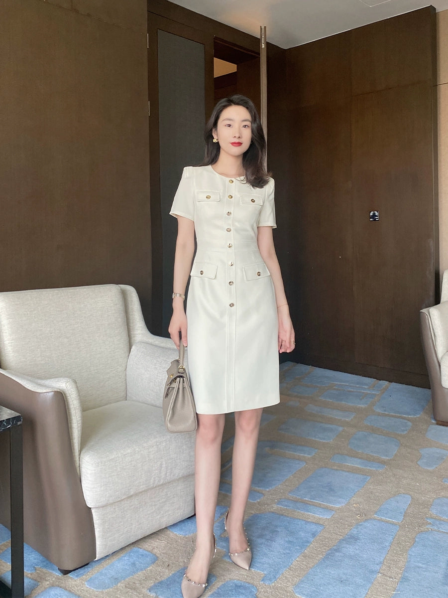 Summer White Fitted Short Sleeve Dress with Waist Belt