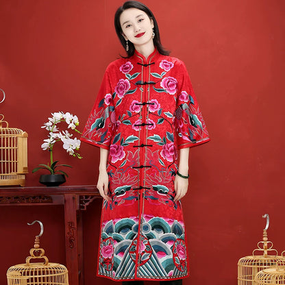 Modern Chinese Style Dress with Hand‑Embroidered Frog Closure, Red