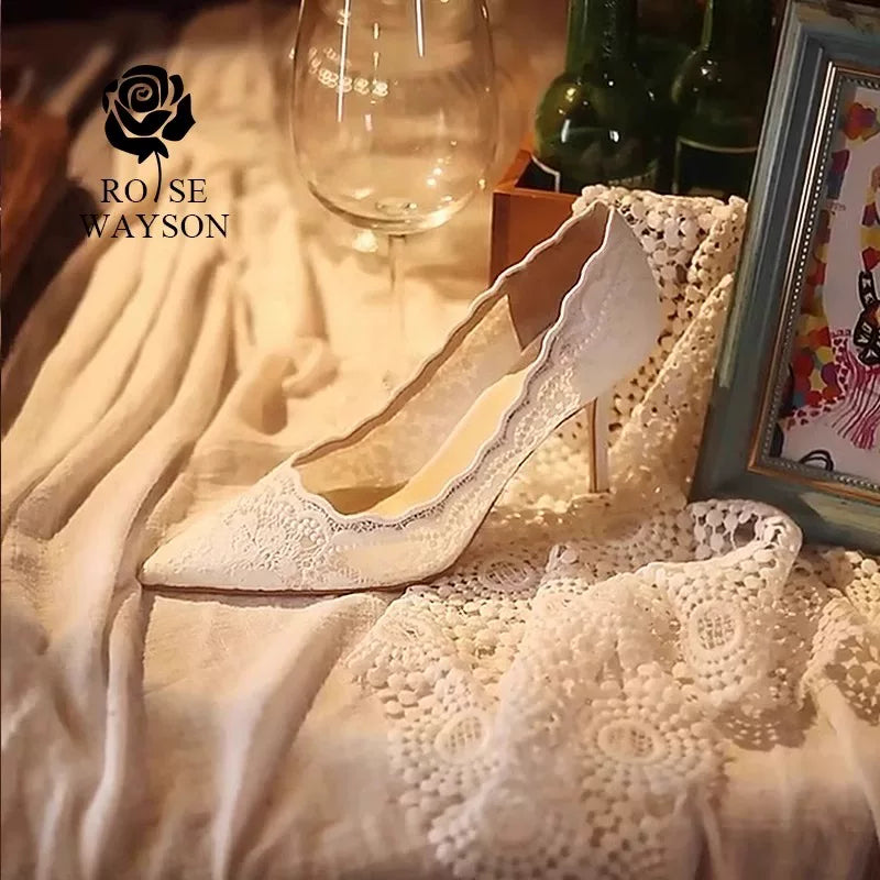 White Lace Wedding Stiletto Heels 8cm For Bride