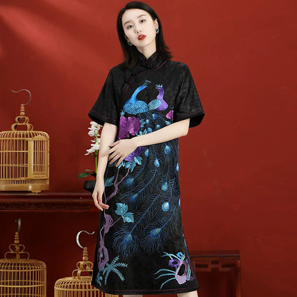 Elegant Mid-Length Hand-Embroidered Chinese Style Spring Autumn Dress