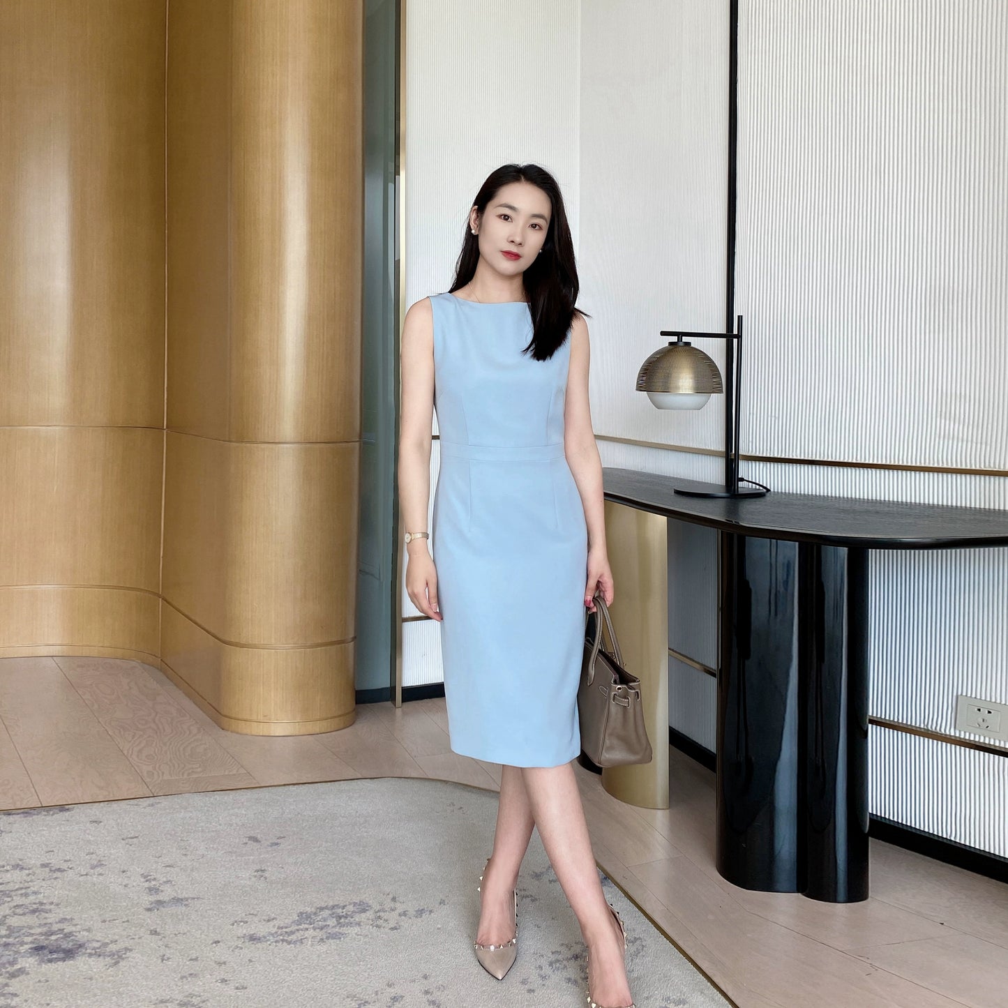 Summer Blue Fitted Sleeveless Dress Elegant Mid‑Length One‑Step Skirt