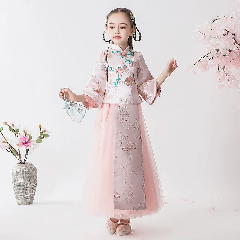 Elegant Children's Hanfu Cheongsam Warm Winter Set: Traditional Chinese Style Outfit