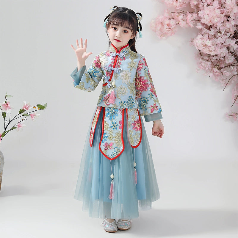 Elegant Chinese Princess Hanfu Dress for Girls - Winter Fleece Long-Sleeve Costume