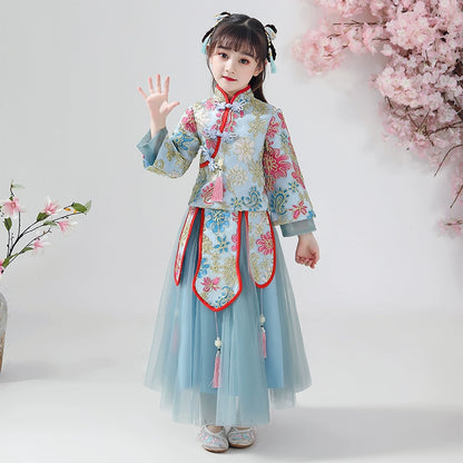 Elegant Chinese Princess Hanfu Dress for Girls - Winter Fleece Long-Sleeve Costume