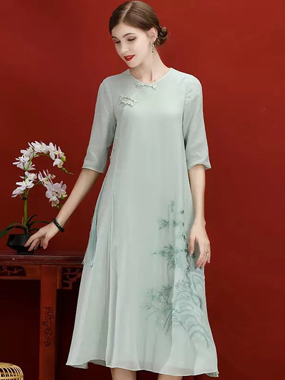 Women’s Summer Retro Cheongsam Dress Embroidered Round Neck