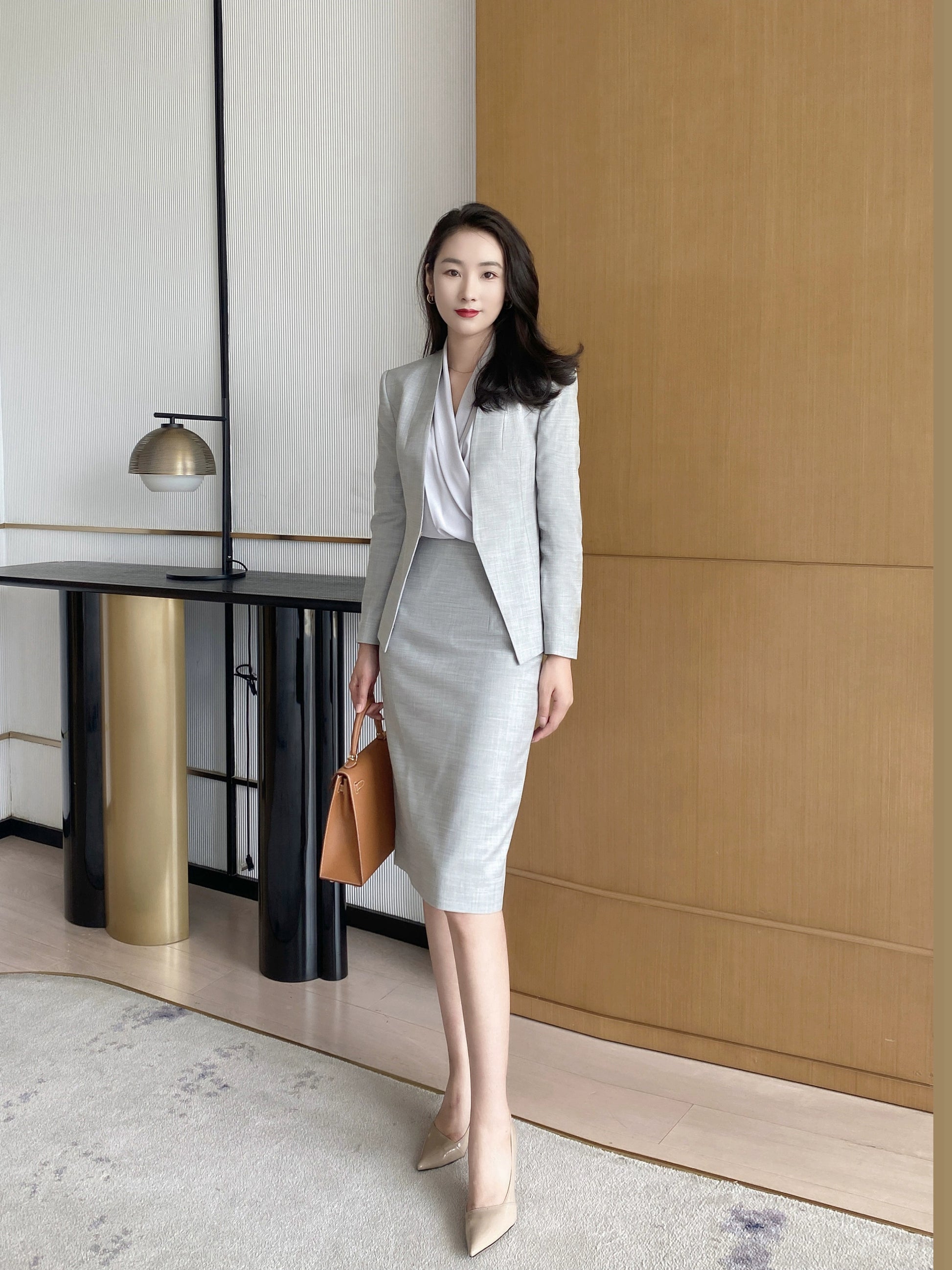 Light Grey Women’s Fitted Business Suit Jacket & Skirt Set